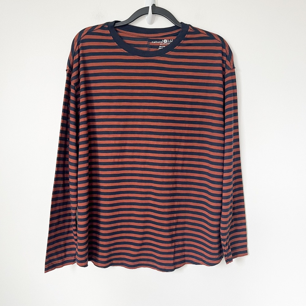 NEW Natural Life Long Sleeve Striped T-Shirt Navy Brown Womens Medium